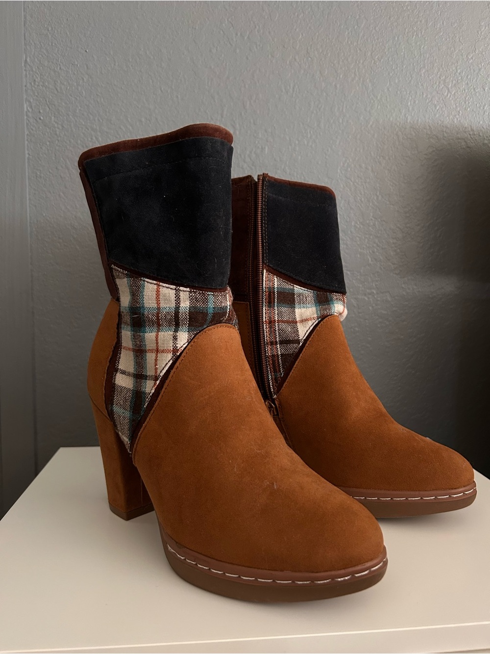 Muk Luks Chestnut Suede Block-Heel Ankle Boots with Black Cuff and Plaid Accents